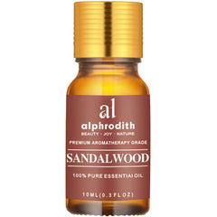 Alphrodith Indian Sandalwood oil bottle showcasing pure aroma for calming aromatherapy.