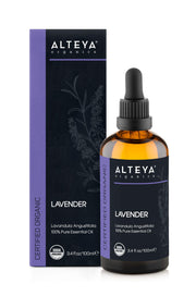 Alteya Organics lavender oil bottle highlighting purity for aromatherapy and skin care rituals.