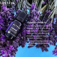 Alteya organic lavender oil label highlighting USDA Organic certification and Bulgarian origin.