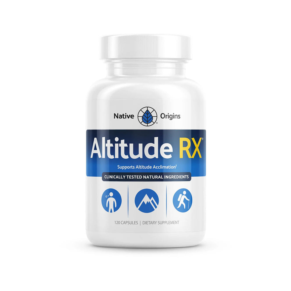 Altitude RX OxyBoost Complex bottle on a backpack for travel-friendly altitude support.
