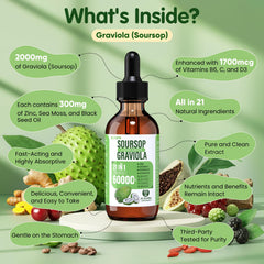 Altuvyx 21 in 1 soursop liquid ingredients list with soursop leaves and fruit.