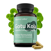 Aluma Labs Gotu Kola capsules label highlighting 30% triterpenoids for skin support.