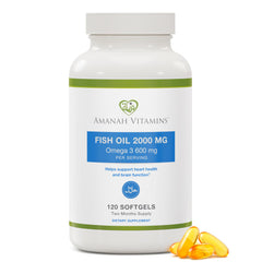 Amanah Vitamins Halal Omega-3 bottle-front with 120 softgels for daily use.