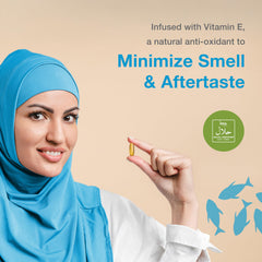Label and purity seal on Amanah Omega-3, highlighting halal certification.