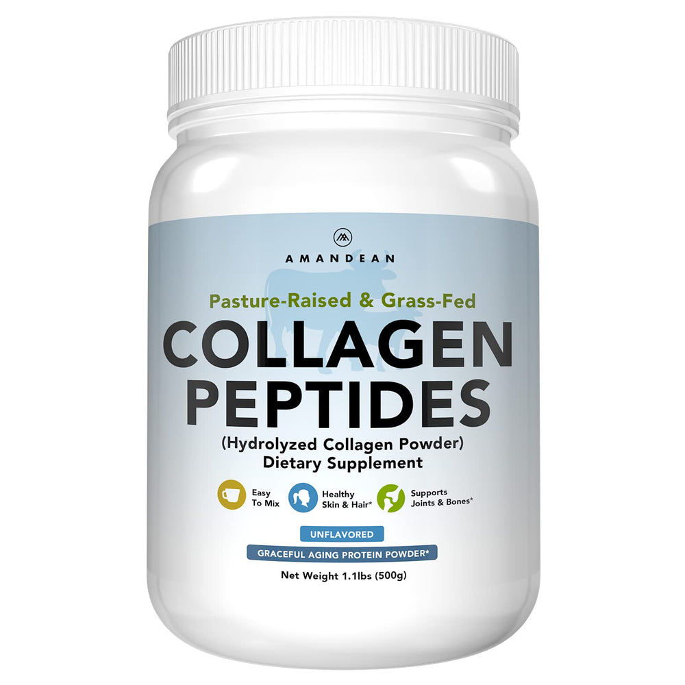 AMANDEAN Collagen Peptides powder in jar showing grass-fed source and solubility