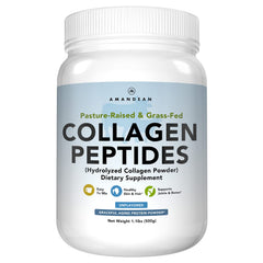 AMANDEAN Collagen Peptides powder in jar showing grass-fed source and solubility