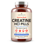 AMANDEAN Creatine HCl pills bottle front showcasing American-made quality for clean energy.
