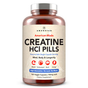 AMANDEAN Creatine HCl pills bottle front showcasing American-made quality for clean energy.