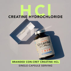 AMANDEAN Creatine HCl pills label highlighting gluten-free and non-GMO formula.