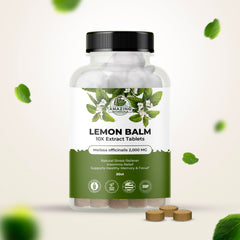 Amazing Botanicals Lemon Balm tablets closeup showing daily relaxation support