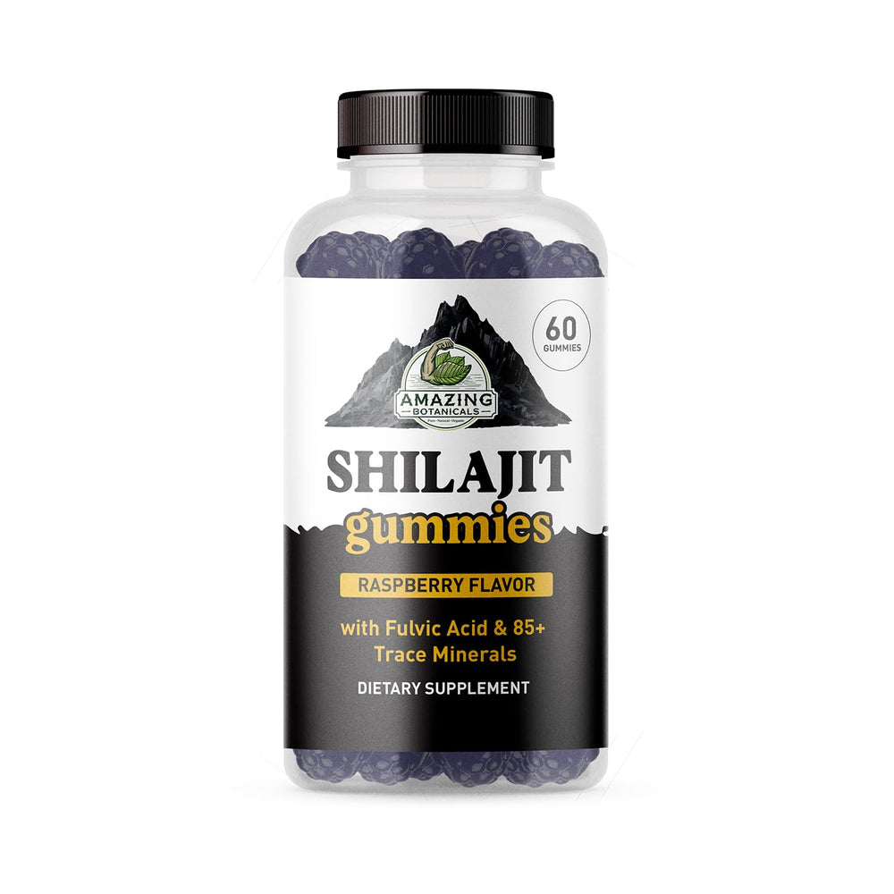 Amazing Botanicals Shilajit Gummies bottle front shows raspberry flavor and 1,000 mg per serving