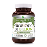 Amazing Flora probiotic bottle showing 50-billion formula for daily balance.