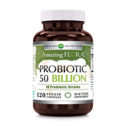 Amazing Flora probiotic bottle showing 50-billion formula for daily balance.