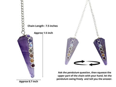 Amazing Gemstone amethyst pendulum shown with a 7 inch chain for comfortable handling