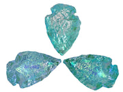 Amazing Gemstone Aqua Aura Quartz arrowhead close-up shows iridescent glow for crafts.