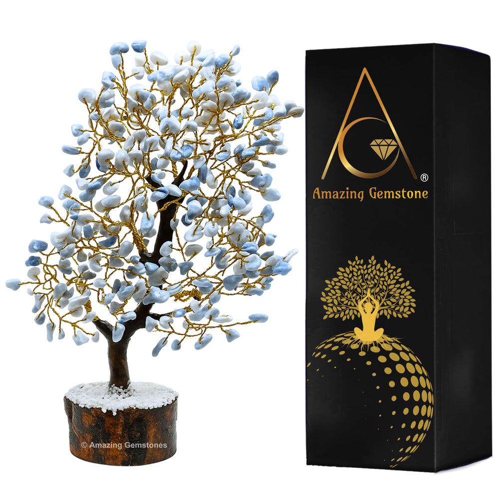 Amazing Gemstone Blue Opal Crystal Tree of Life adds calming ambiance to a serene bedroom.