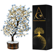 Amazing Gemstone Blue Opal Crystal Tree of Life adds calming ambiance to a serene bedroom.