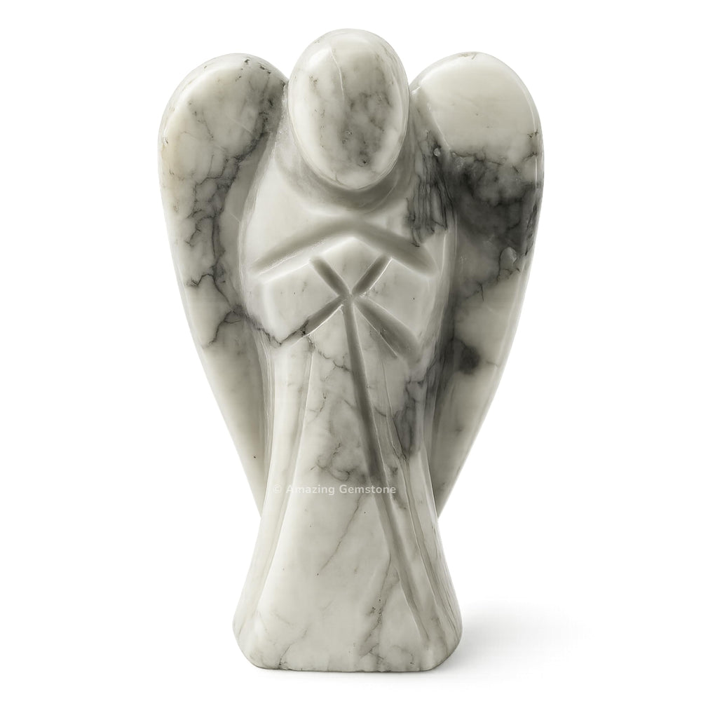 Amazing Gemstone Howlite Angel 2inches closeup highlighting natural crystal detail and protective vibe.