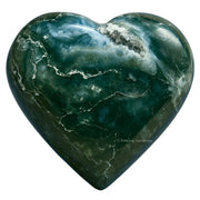 Amazing Gemstone Moss Agate Heart Palm Stone close-up for calming energy and tactile soothing