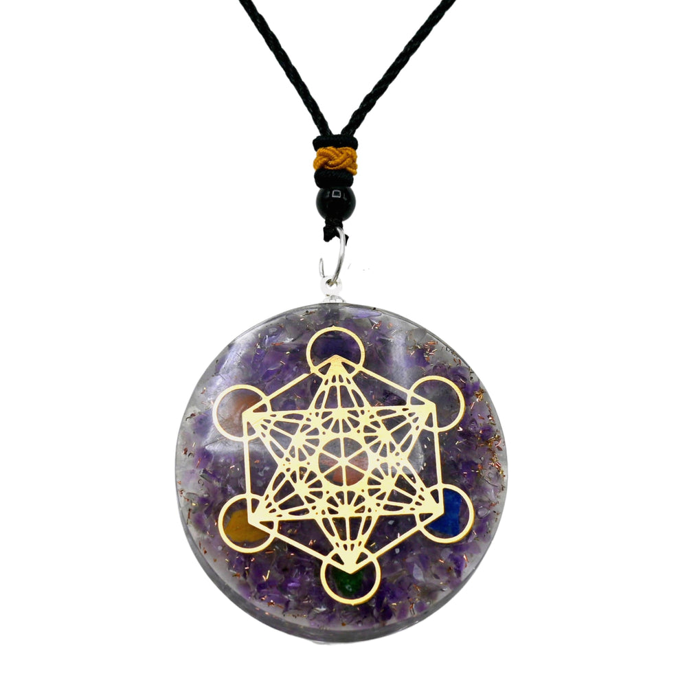 Amazing Gemstone Orgone Pendant amethyst crystal close-up for calming energy.
