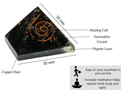 Amazing Gemstone Orgonite pyramid close-up shows dark tourmaline and polished surface, balancing energy.