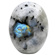 Amazing Gemstone Rainbow Moonstone Palm Stone shown for meditation and energy focus