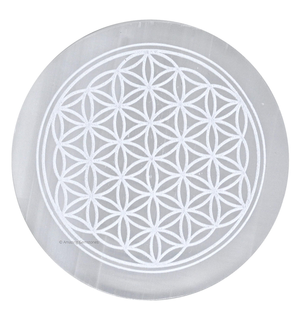 Amazing Gemstone selenite charging plate with flower-of-life engraving for crystal cleansing