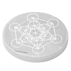 Amazing Gemstone Selenite Plate engraved Metatron Cube for energy alignment.
