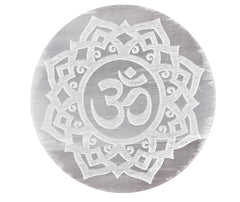 Amazing Gemstone selenite plate with Flower of Life engraving for crystal cleansing.