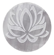 Amazing Gemstone selenite plate with lotus engraving for crystal cleansing.