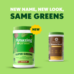 Amazing Grass chocolate powder label highlights flavor and organic ingredients.