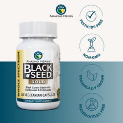 Amazing Herbs Black Seed Gold packaging highlighting gluten-free formula.