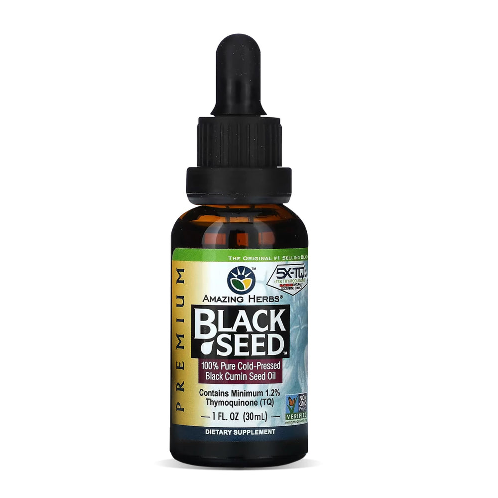 Amazing Herbs black seed oil bottle front for daily wellness.