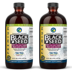 Amazing Herbs black seed oil bottle front highlights premium cold-pressed oil for daily wellness