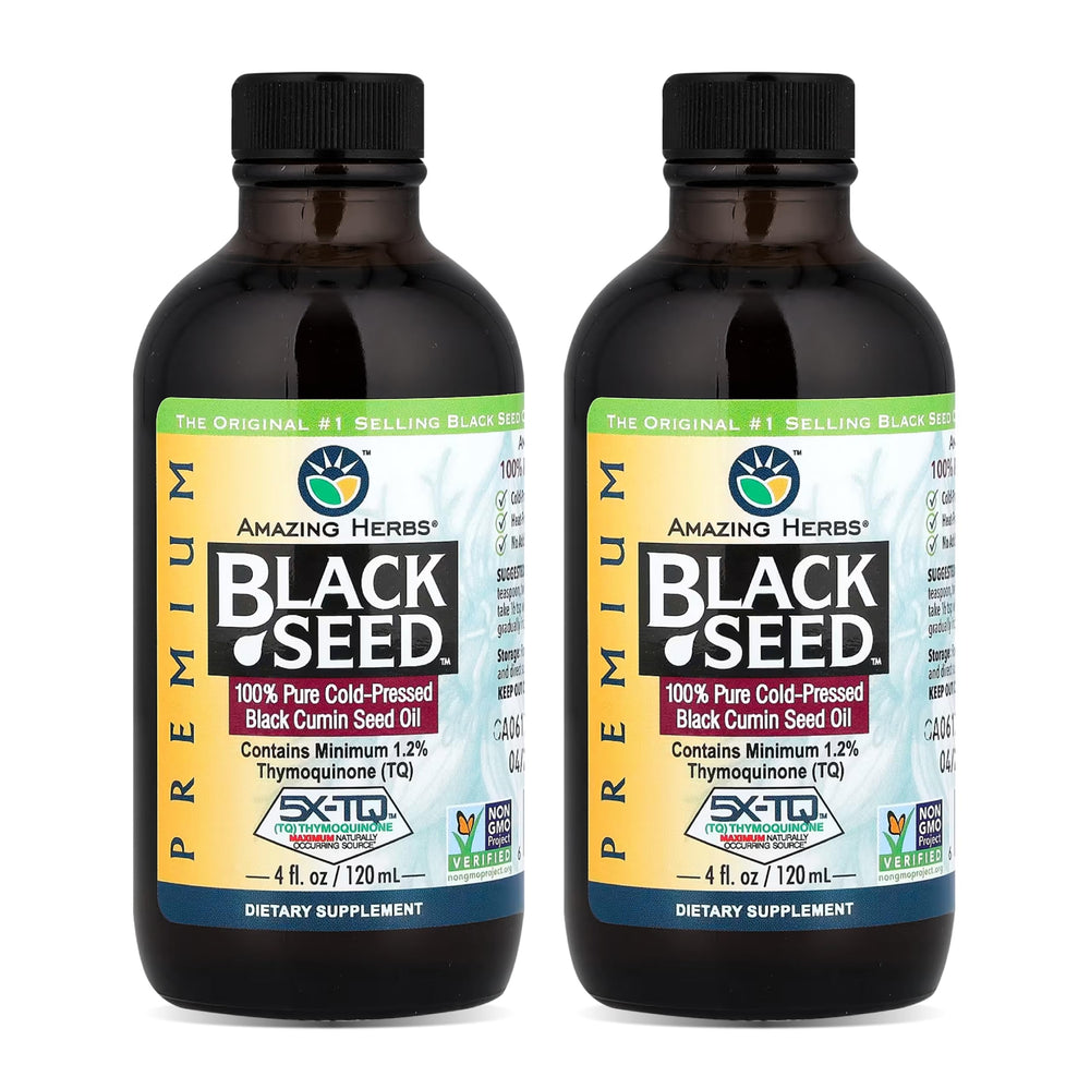 Amazing Herbs Black Seed Oil bottle pour shows amber oil for digestive support.