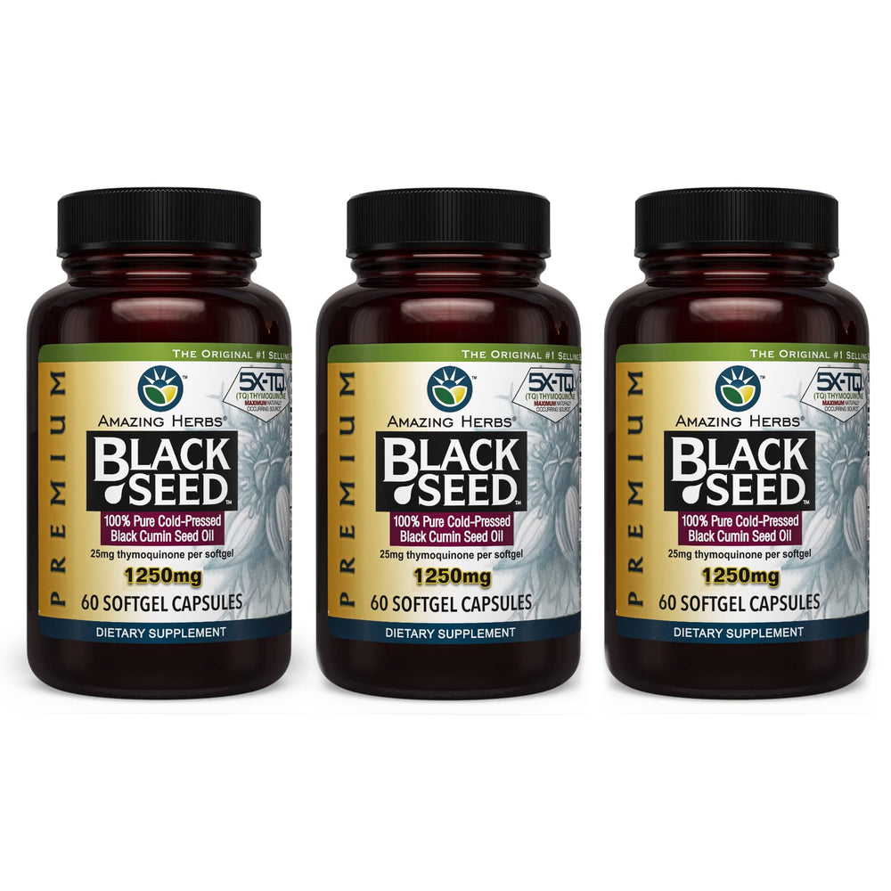 Amazing Herbs black seed oil capsules bottle, high potency for digestive health.