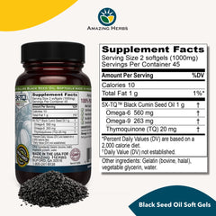 Amazing Herbs capsules close-up showing 500mg Nigella Sativa for potent daily use and health benefits.