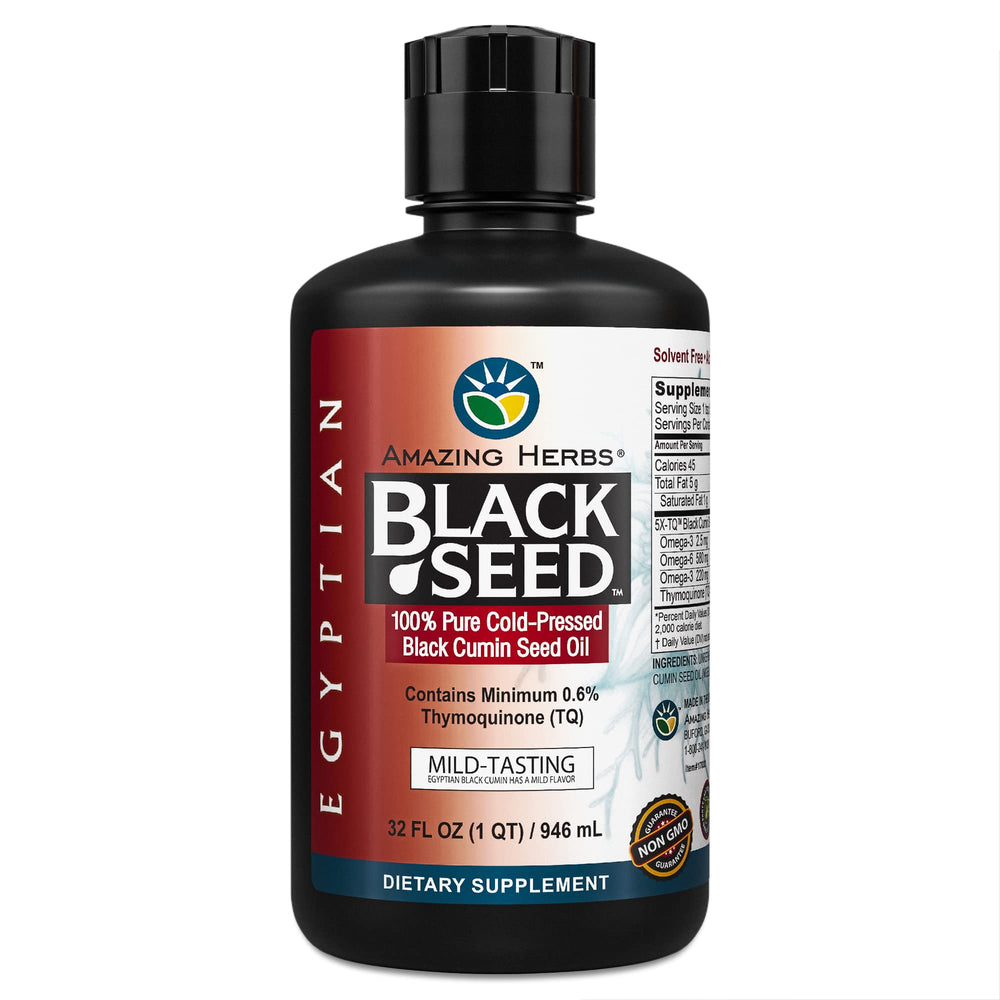 Amazing Herbs Egyptian Black Seed Oil bottle front for daily wellness.