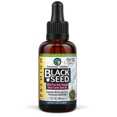 Amazing Herbs Premium Black Seed Oil bottle front shows premium packaging for daily use