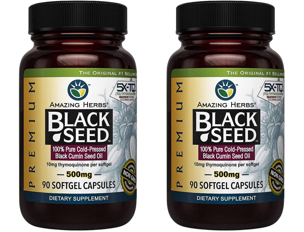 Amazing Herbs Premium Black Seed Oil Capsules bottle front highlighting daily dosage and potential benefits