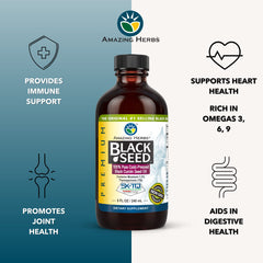 Amazing Herbs Black Seed Oil label close-up highlighting organic, pesticide-free seeds.