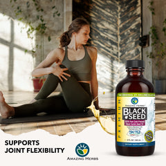 Amazing Herbs Premium Black Seed Oil pour close-up suggesting easy daily dosage.