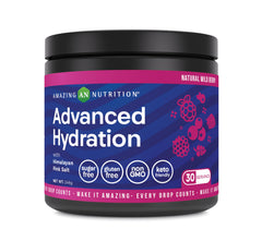 Amazing Nutrition Advanced Hydration powder tub promotes balanced hydration during workouts.