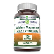 Amazing Nutrition Amazing Formulas calcium magnesium zinc D3 bottle demonstrates a full serving