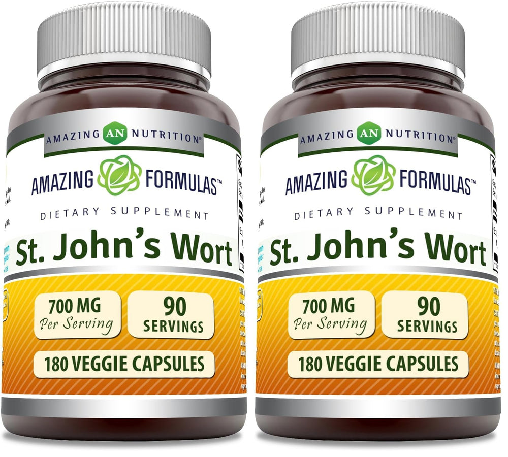 Amazing Formulas St. John's Wort bottle front shows 700 mg per serving in veggie capsules.