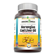 Amazing Nutrition Amazing Omega cod liver oil bottle showing 1250 mg per serving for daily omega-3.