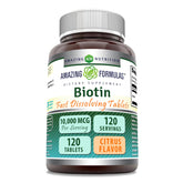 Amazing Nutrition Biotin 10,000 mcg tablet close-up shows potency and purity.