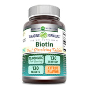 Amazing Nutrition Biotin 10,000 mcg tablet close-up shows potency and purity.
