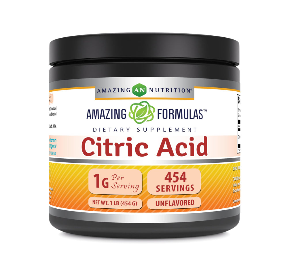Amazing Nutrition citric acid powder package front; high purity for reliable culinary use