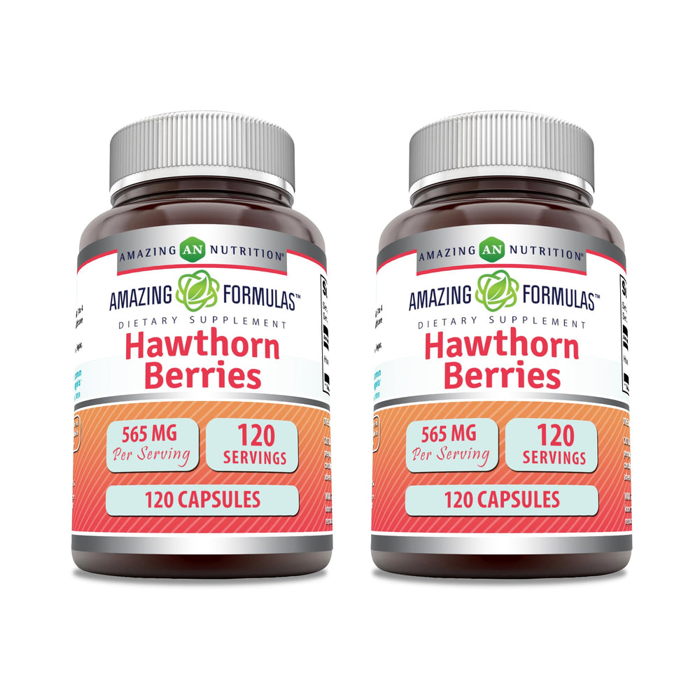 Amazing Nutrition Hawthorn Berries bottle showing 565 mg per serving for daily wellness.